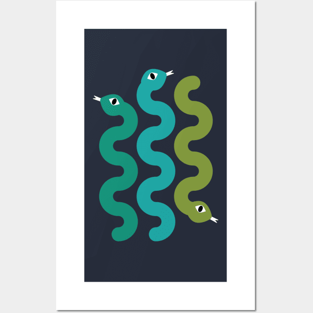 Squiggly Snakes on Midnight Blue – Retro 70s Wavy Snake Pattern Wall Art by SuzieLondon